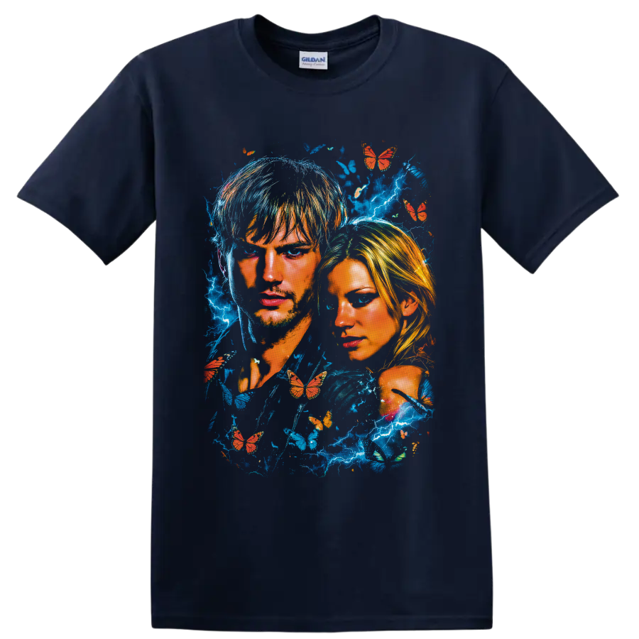 The Butterfly Effect dual portrait with blue lightning and orange butterflies on a Navy (Blue) T Shirt
