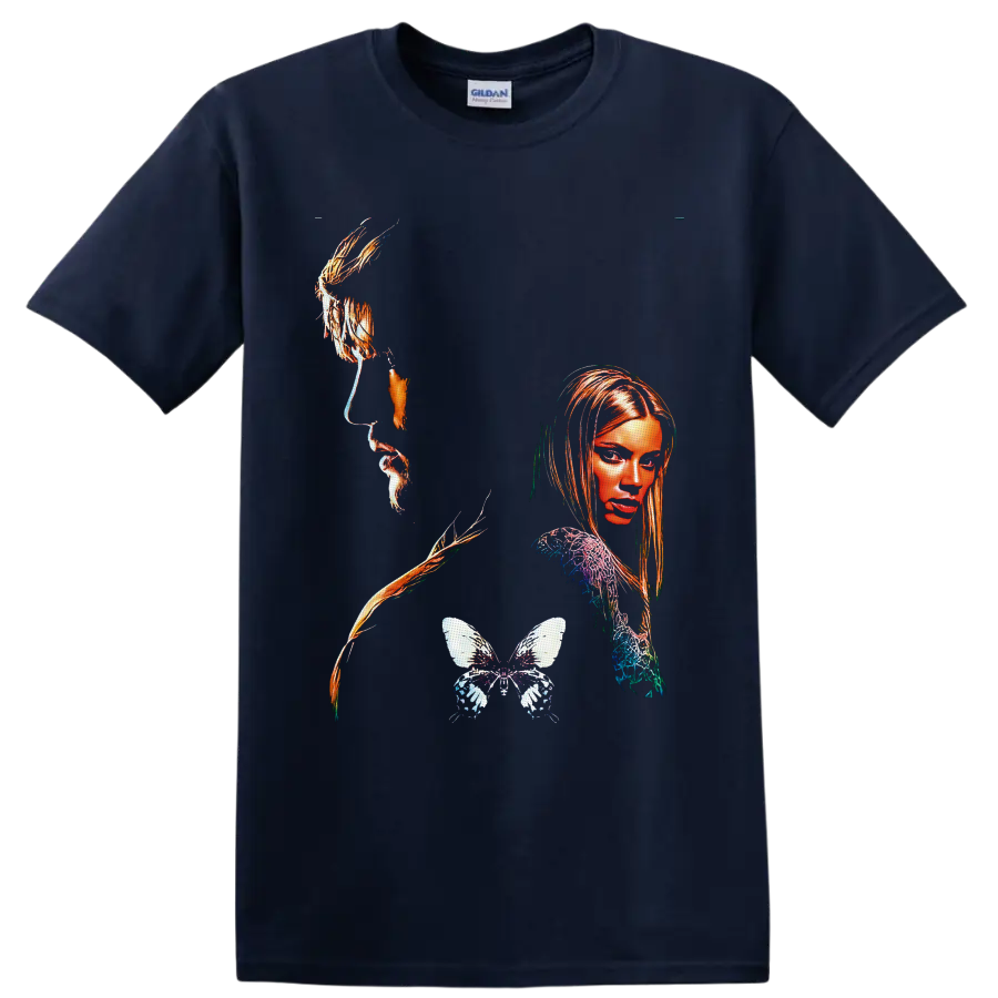 The Butterfly Effect surreal woman portrait with flowing strands and detailed butterfly on a Navy (Blue) T Shirt