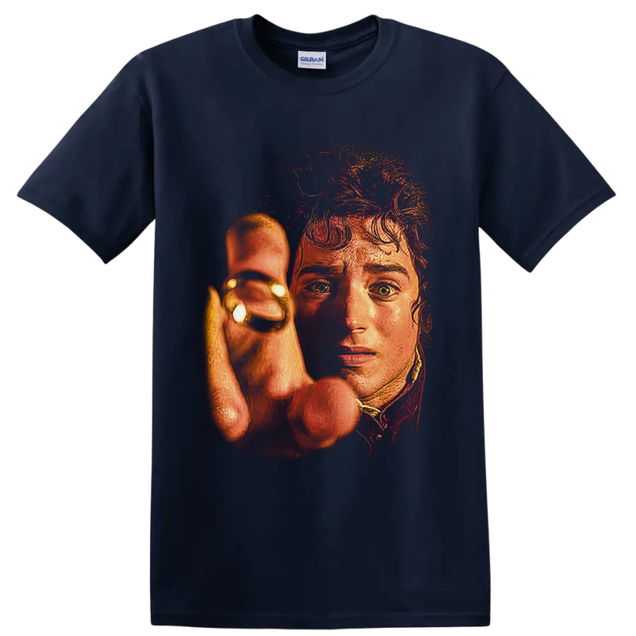 Frodo Baggins holding the One Ring in fiery painterly fantasy portrait art on a Navy (Blue) T Shirt