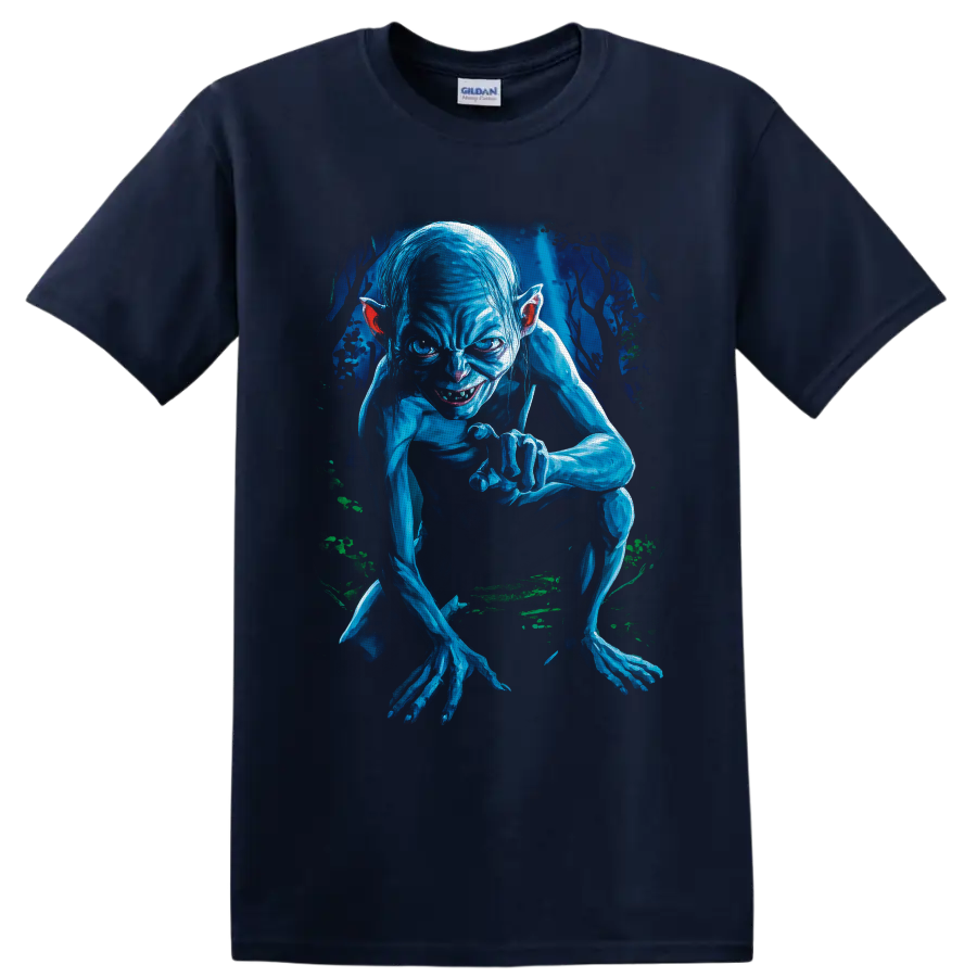 Gollum crouching in a shadowy forest, rendered in vivid blue dark fantasy art on a Navy (Blue) T Shirt