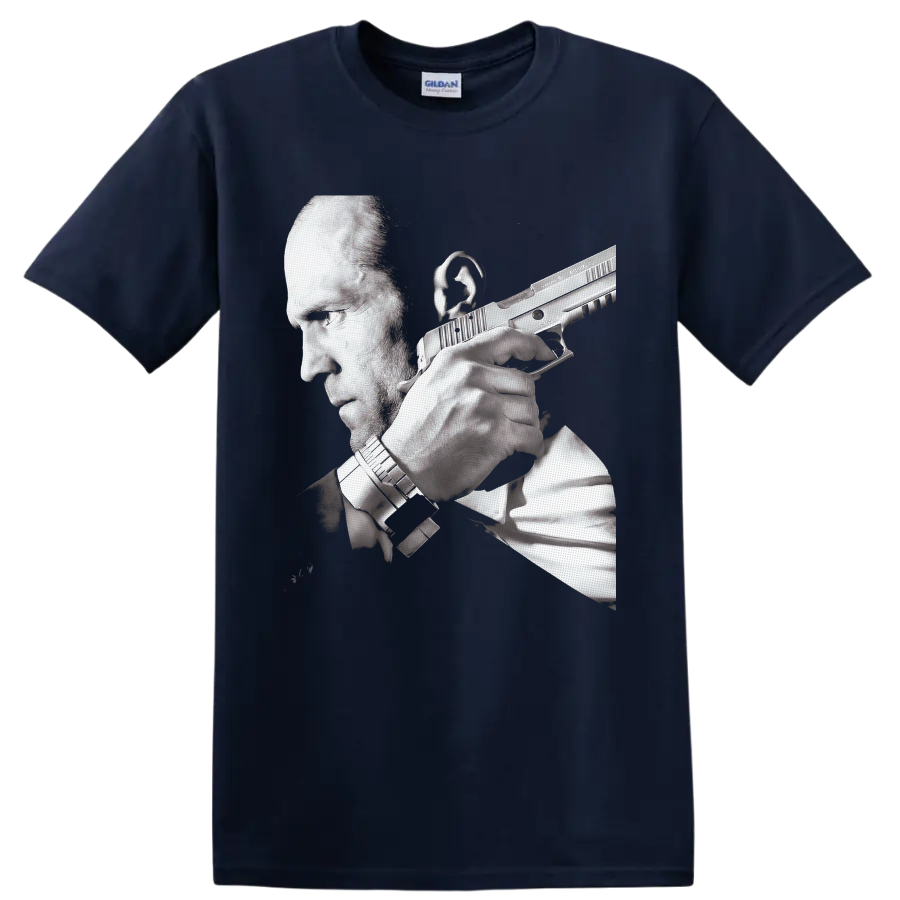 Jason Statham as Frank Martin in Transporter 3 grayscale action portrait on a Navy (Blue) T Shirt
