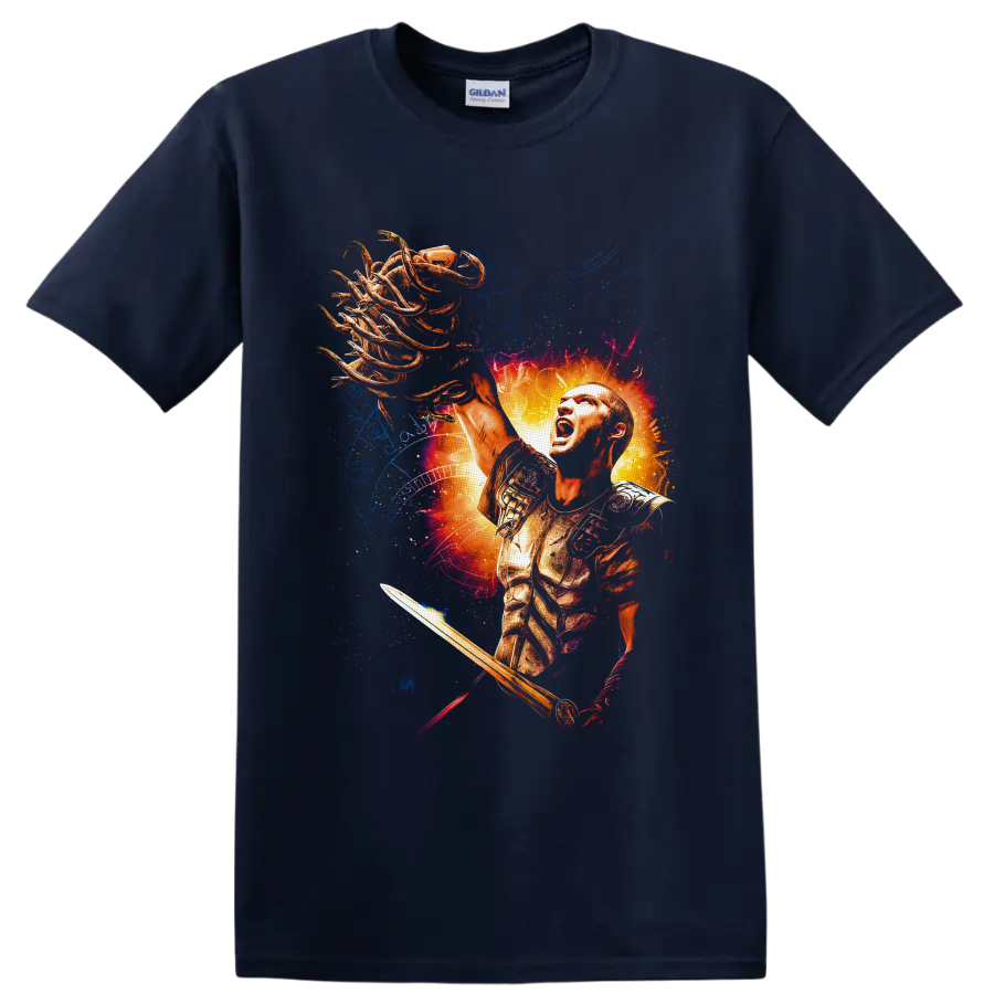Perseus holding Medusa's serpent-haired head in fiery Greek mythology fantasy art on a Navy (Blue) T Shirt