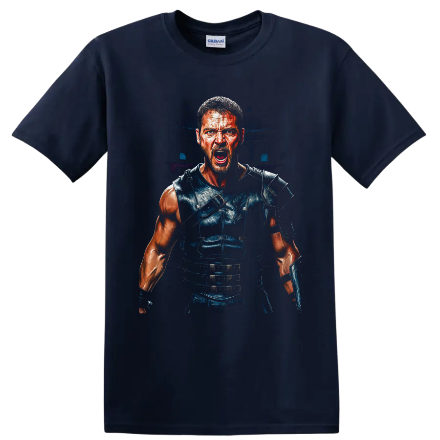 Maximus Decimus Meridius roaring in Roman armor with a shadowy arena backdrop on a Navy (Blue) T Shirt