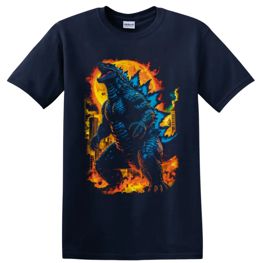 Godzilla blue kaiju towering over a burning city beneath a blazing moon on a Navy (Blue) T Shirt