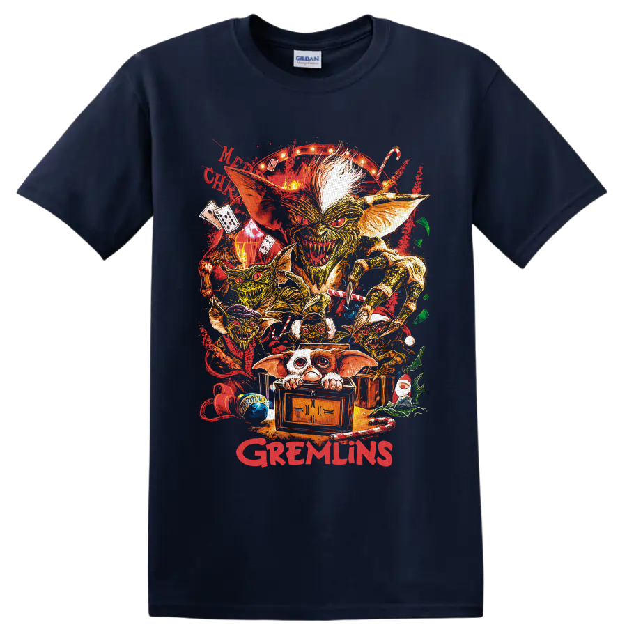 Gizmo Gremlins Christmas collage with Mogwai, creatures, candy canes, and crate on a Navy (Blue) T Shirt