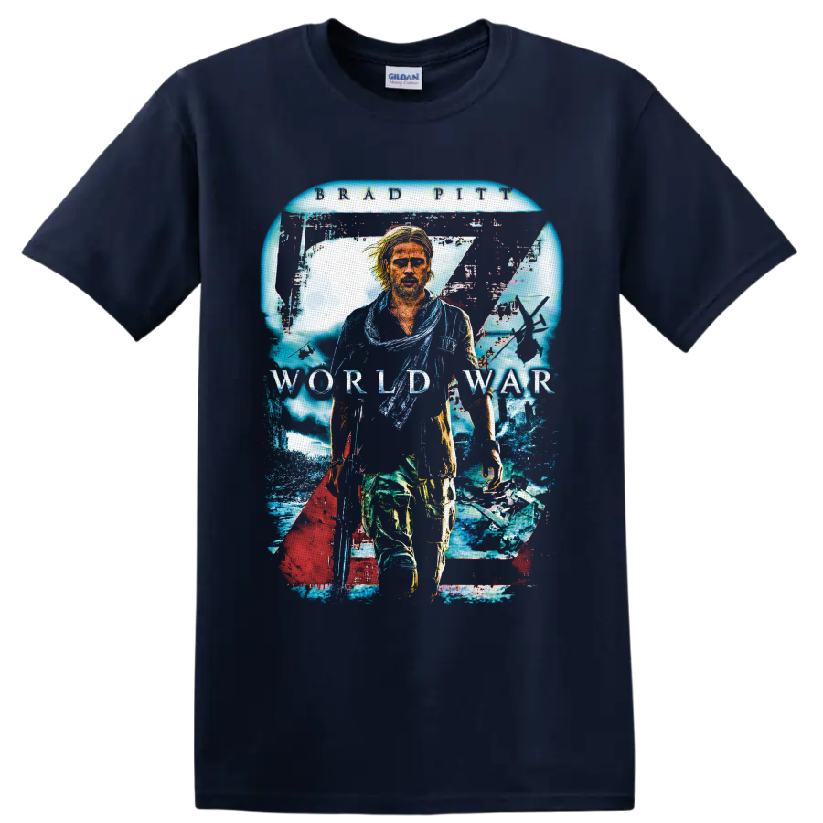 Jerry Lane World War Z distressed collage with aircraft, infected crowd, and movie text on a Navy (Blue) T Shirt