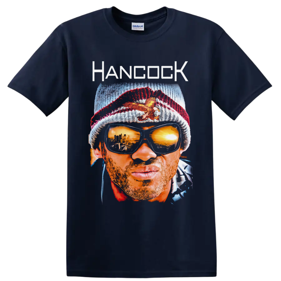John Hancock Hancock portrait with knit cap, mirrored sunglasses, and city reflections on a Navy (Blue) T Shirt