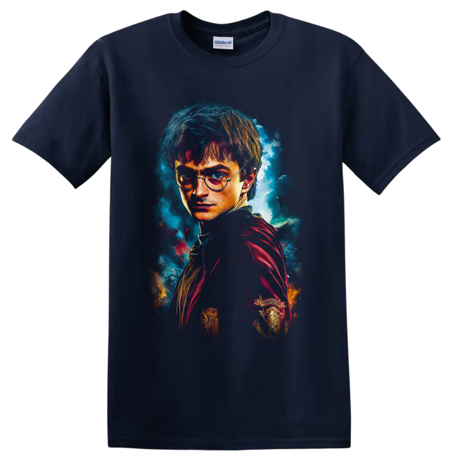 Harry Potter wizard portrait in vivid textured fantasy art with round glasses on a Navy (Blue) T Shirt