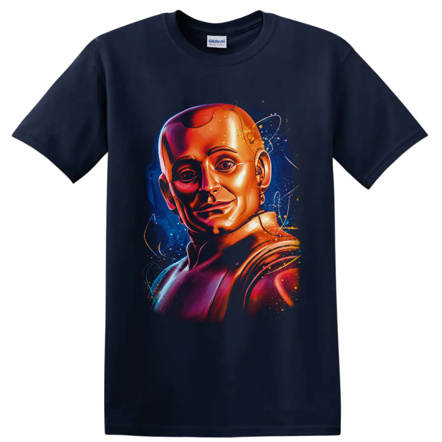 Cyborg portrait in vivid metallic tones with cosmic stars and orbital line art on a Navy (Blue) T Shirt