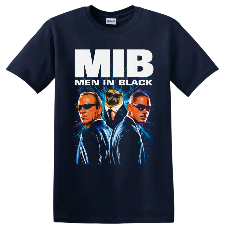 Agent J, Agent K and Frank the Pug in neon Men in Black II poster art on a Navy (Blue) T Shirt
