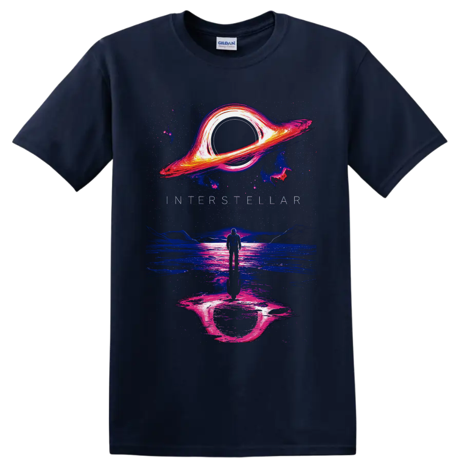 Neon Interstellar astronaut beneath a glowing black hole over reflective alien water on a Navy (Blue) T Shirt
