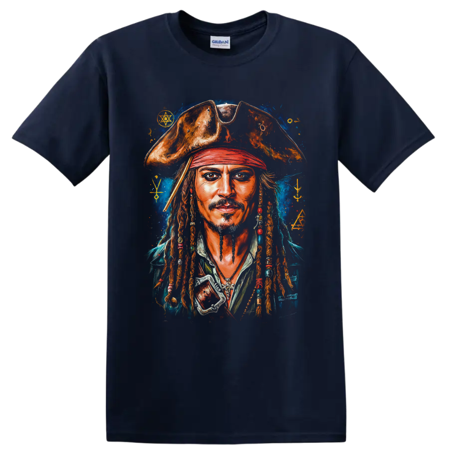Captain Jack Sparrow painterly pirate portrait with tricorn hat and mystical blue backdrop on a Navy (Blue) T Shirt