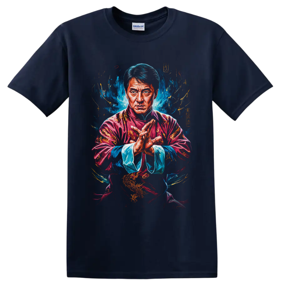 Jackie Chan as Mr. Han in a vivid painterly martial arts portrait on a Navy (Blue) T Shirt