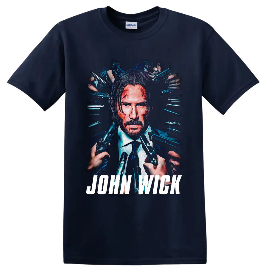 John Wick neon portrait with surrounding pistols and bold white title lettering on a Navy (Blue) T Shirt