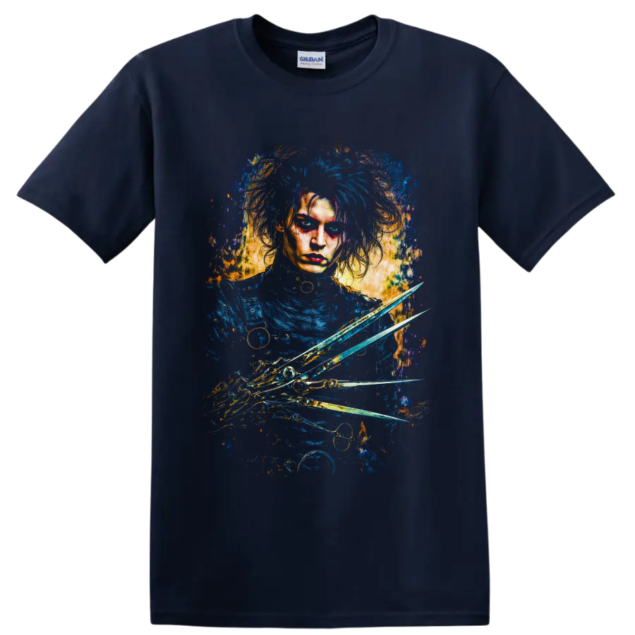 Edward Scissorhands gothic portrait with blue hair, scissor hands, and gold splatter art on a Navy (Blue) T Shirt