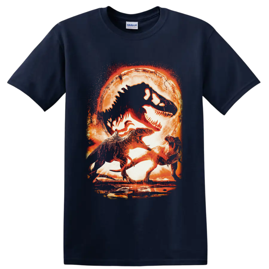 Jurassic World T Rex dinosaurs beneath a fiery fossil skull in distressed cinematic art on a Navy (Blue) T Shirt