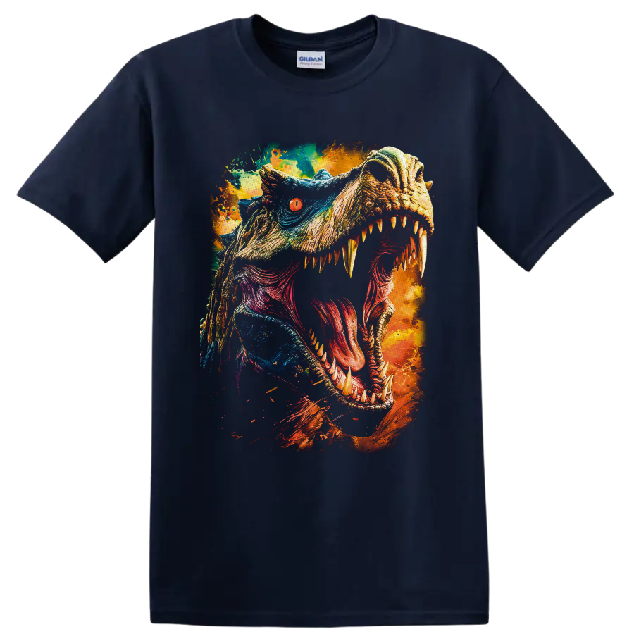 Jurassic World Tyrannosaurus rex roaring color-splash dinosaur art on a Navy (Blue) T Shirt
