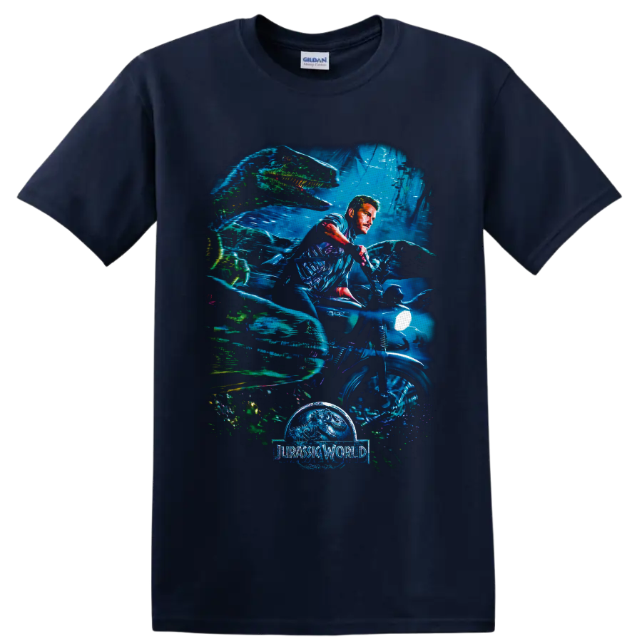 Owen Grady on motorcycle with dinosaurs in neon underwater Jurassic World artwork on a Navy (Blue) T Shirt