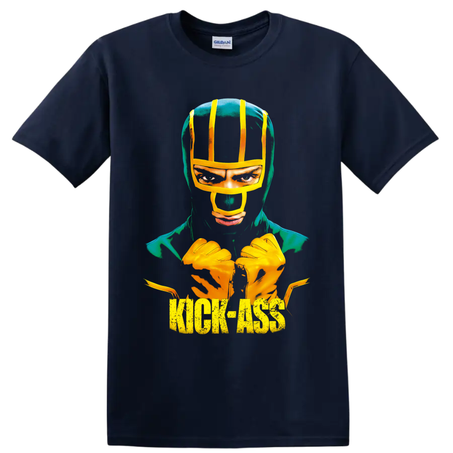 Dave Lizewski as Kick-Ass in a distressed comic-style masked hero graphic on a Navy (Blue) T Shirt
