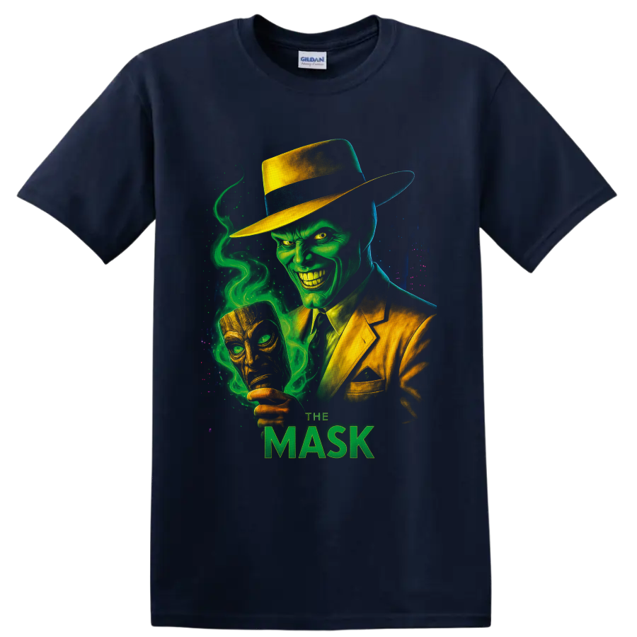 The Mask green-faced character in yellow suit with swirling smoke and golden mask on a Navy (Blue) T Shirt