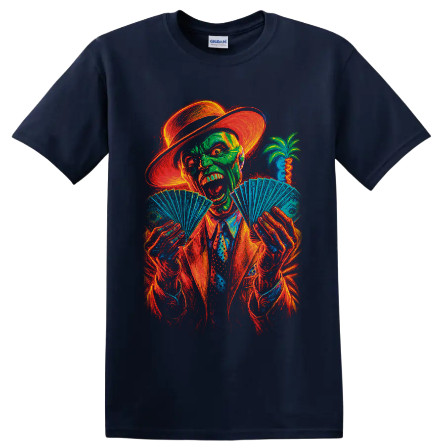 The Mask neon character in hat and suit fanning playing cards on a Navy (Blue) T Shirt