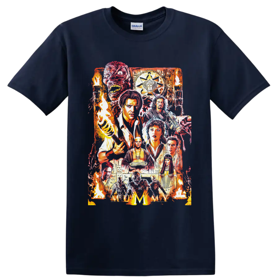 The Mummy 1999 fiery Egyptian horror collage with characters, mummy face, torches and on a Navy (Blue) T Shirt