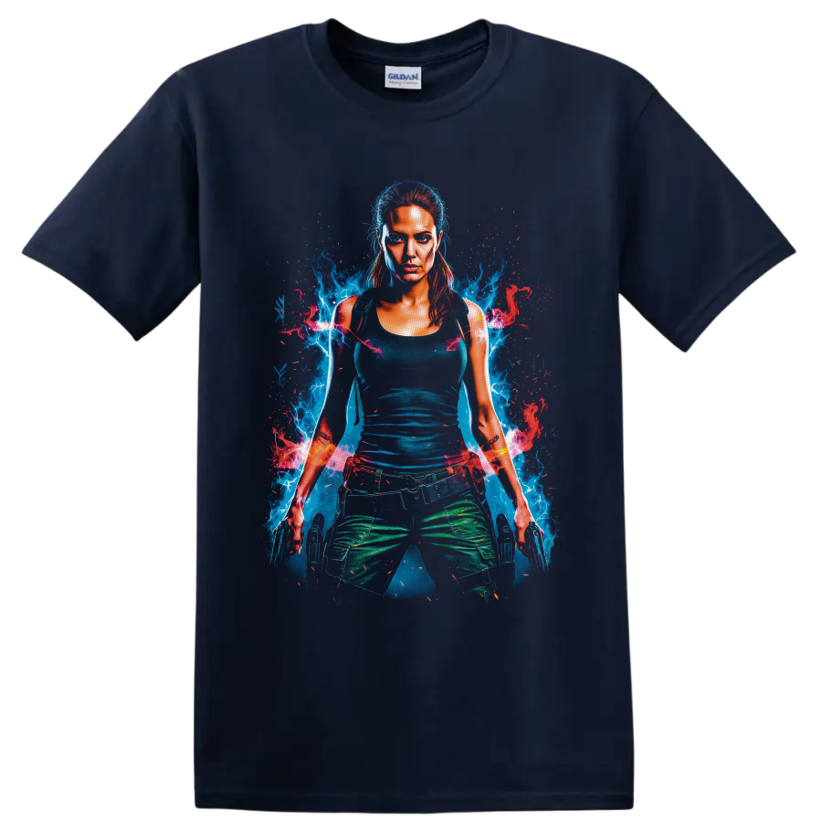 Lara Croft Tomb Raider neon digital portrait with blue energy, red sparks, and dual on a Navy (Blue) T Shirt