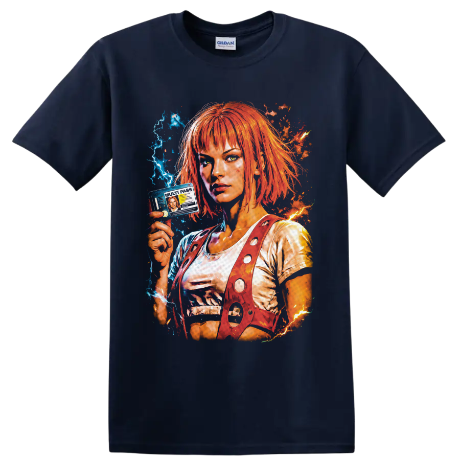 Leeloo portrait with orange hair, multipass, blue lightning, and fiery sci-fi energy on a Navy (Blue) T Shirt