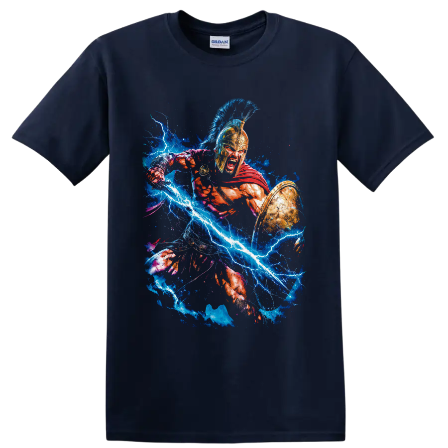 King Leonidas 300 Spartan warrior art with shield, red cape, and blue lightning on a Navy (Blue) T Shirt