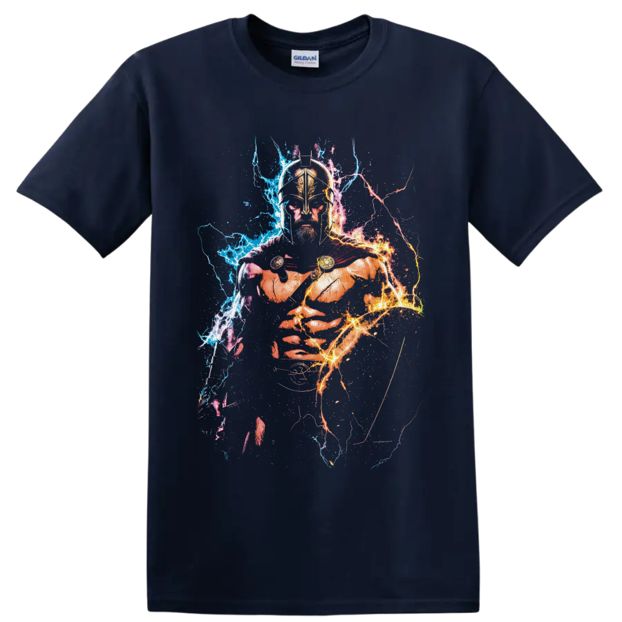 Leonidas 300 Spartan warrior with bronze helmet, red cloak, and blue-orange lightning on a Navy (Blue) T Shirt