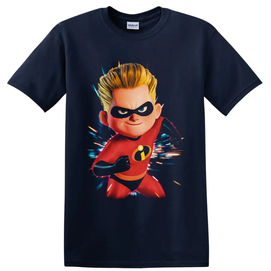 Dash Parr in red hero suit with black mask and blue red speed burst artwork on a Navy (Blue) T Shirt