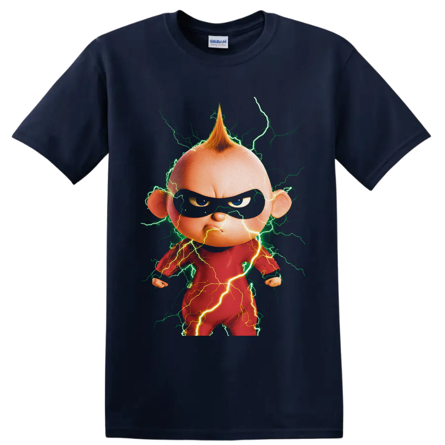 Jack-Jack Parr cartoon portrait with green and golden lightning bolts on a Navy (Blue) T Shirt