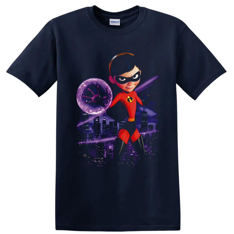 Violet Parr force-field superhero artwork with purple city skyline and cosmic background on a Navy (Blue) T Shirt