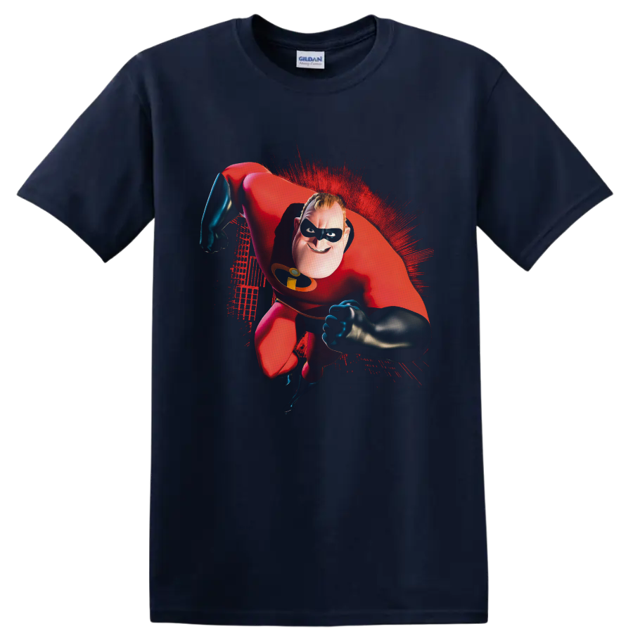 Mr. Incredible flying in red suit with black mask and red paint-splash artwork on a Navy (Blue) T Shirt