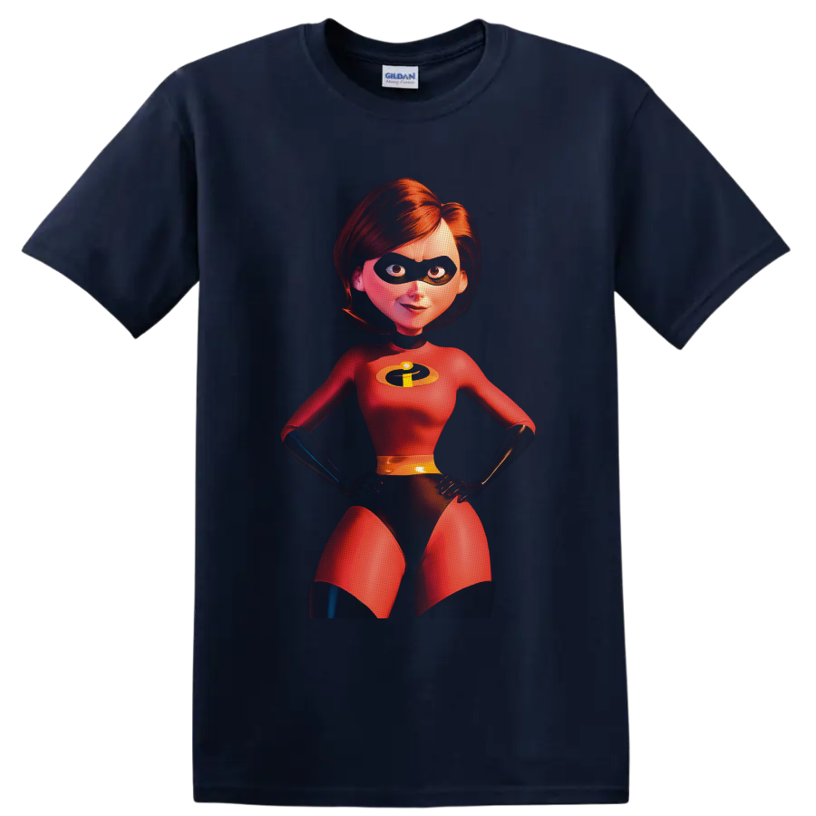 Elastigirl from The Incredibles in a vivid red superhero suit character portrait on a Navy (Blue) T Shirt