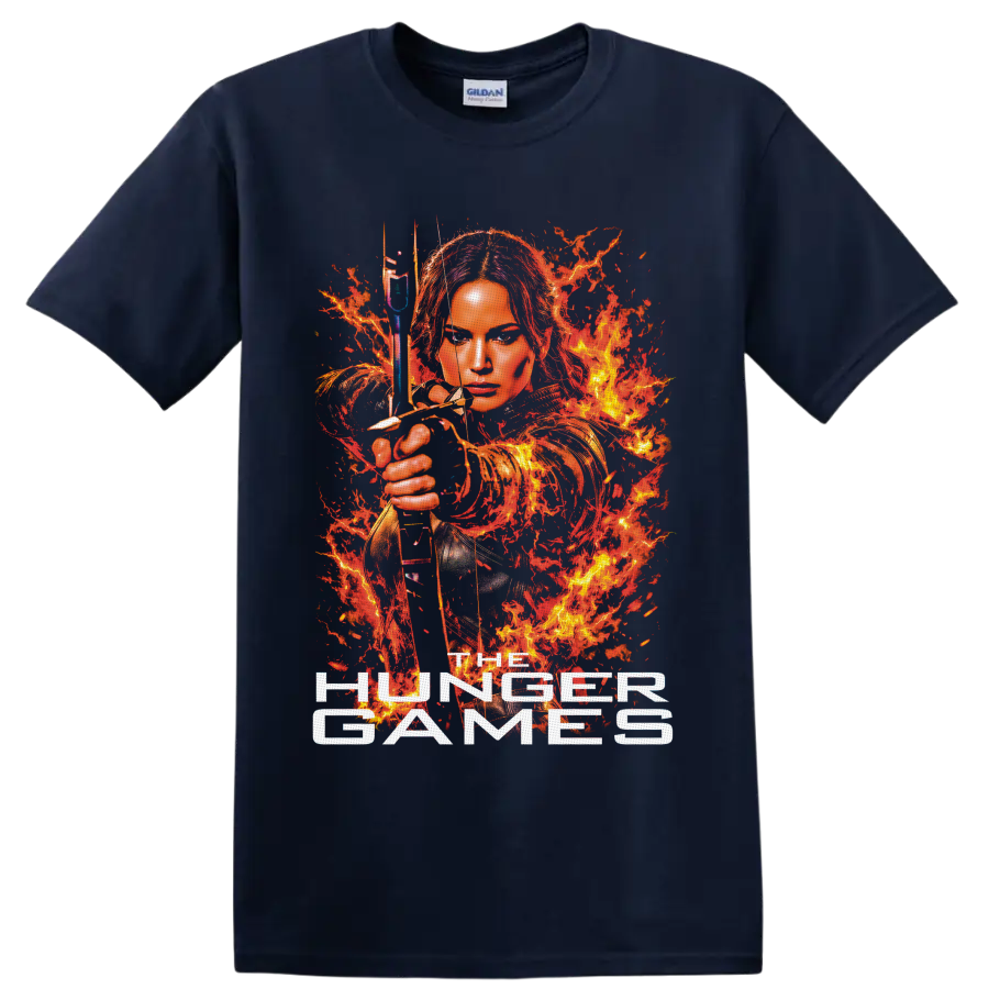 Katniss Everdeen fiery archer portrait with bow, arrow, flames, and The Hunger Games text on a Navy (Blue) T Shirt