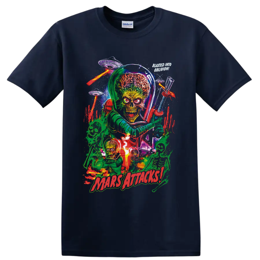 Mars Attacks Martian alien invasion art with saucers, skeletons, ray guns and flames on a Navy (Blue) T Shirt