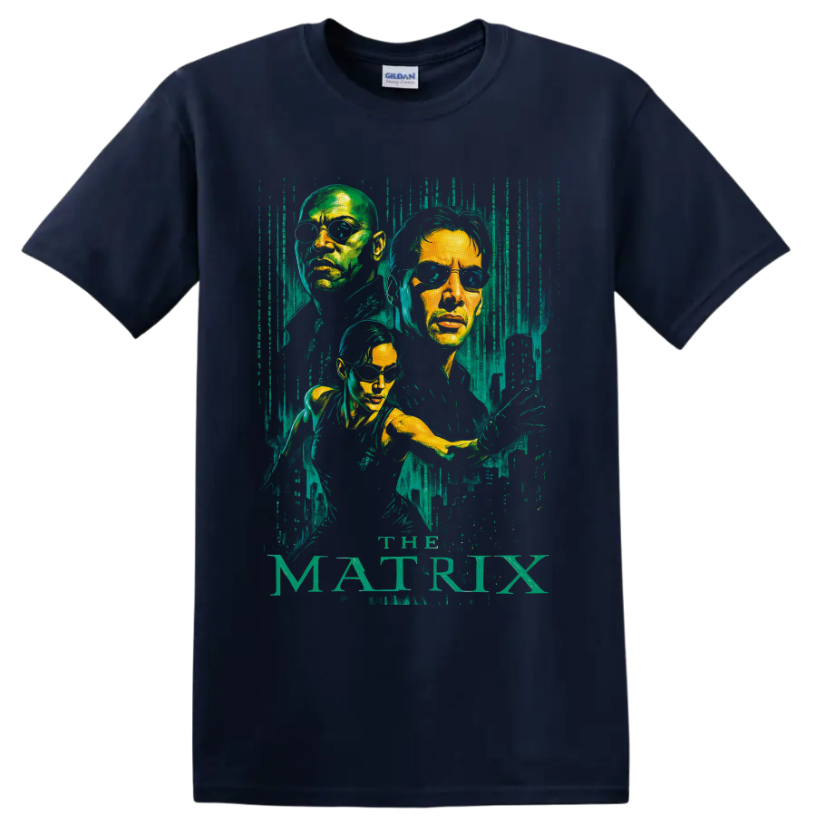 Neo, Morpheus and Trinity portraits with distressed green code and The Matrix text on a Navy (Blue) T Shirt