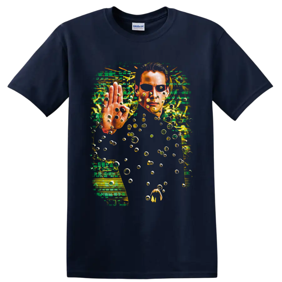 Neo from The Matrix with green code, floating bullets, and cyberpunk bullet-time art on a Navy (Blue) T Shirt