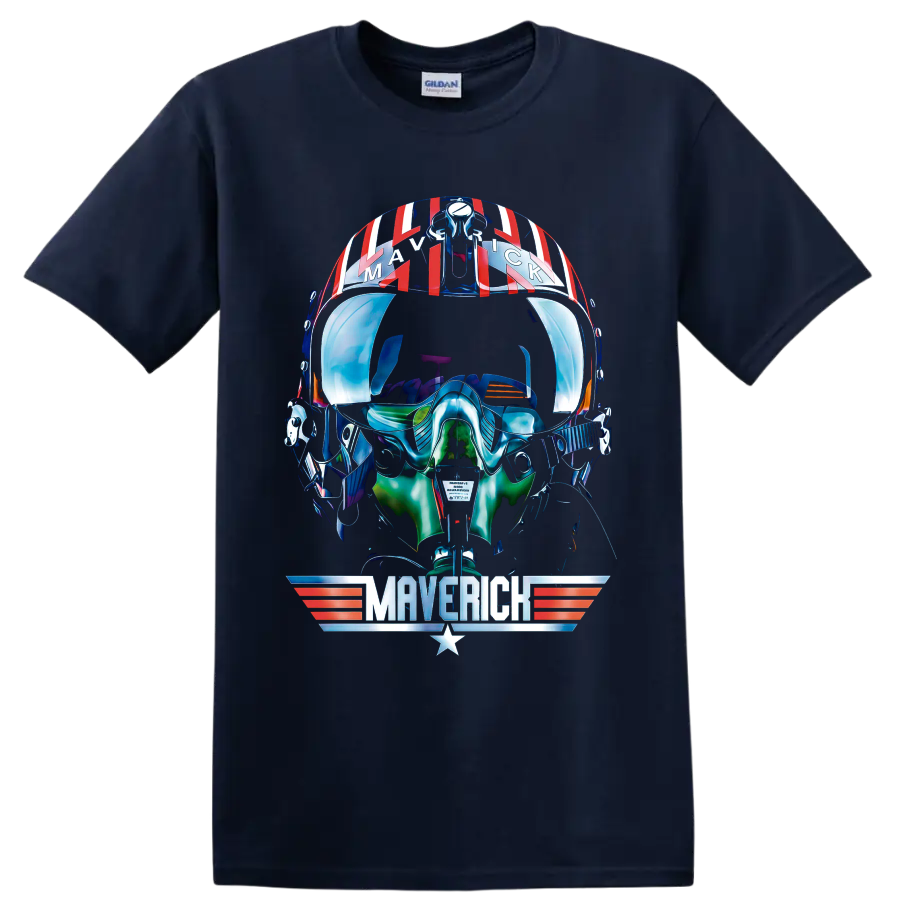 Pete Maverick Mitchell helmet graphic with winged Maverick emblem and retro aviation on a Navy (Blue) T Shirt