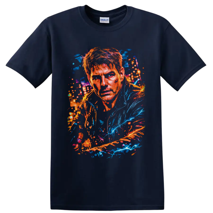 Pete Maverick Mitchell Top Gun neon splatter portrait with blue lightning on a Navy (Blue) T Shirt