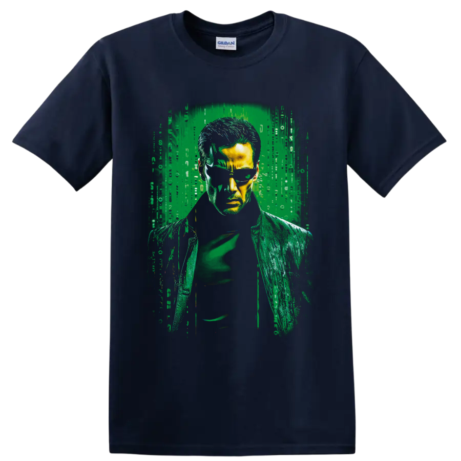 Albert Wesker Resident Evil portrait in green digital glitch horror style on a Navy (Blue) T Shirt