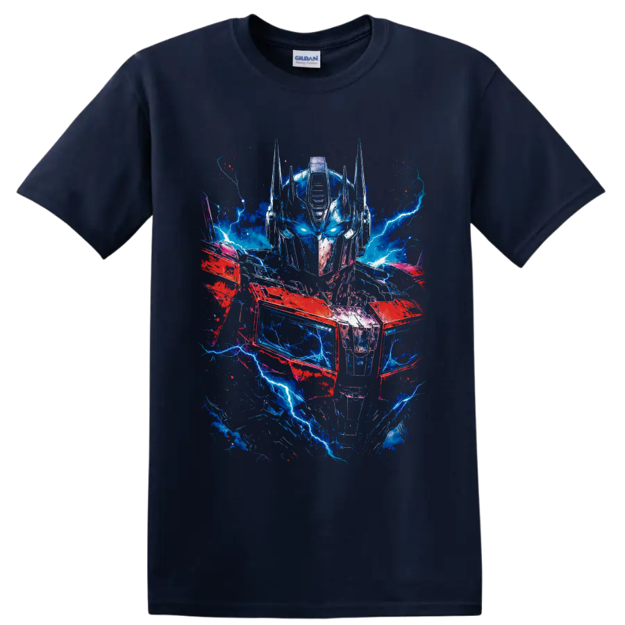Optimus Prime robot portrait with blue lightning, red armor, and distressed sci-fi on a Navy (Blue) T Shirt