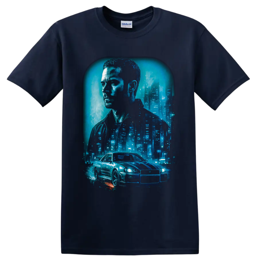 Brian O'Conner portrait and Nissan Skyline GT-R in neon blue city racing artwork on a Navy (Blue) T Shirt