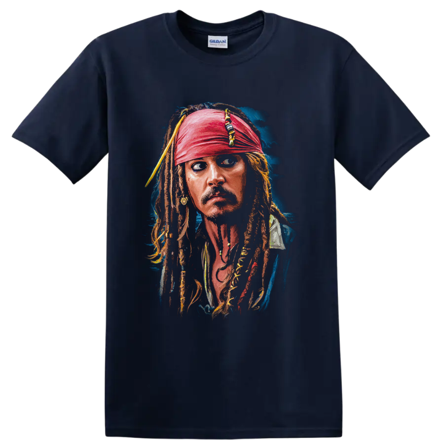Captain Jack Sparrow painterly portrait with red bandana and beaded dreadlocks on a Navy (Blue) T Shirt