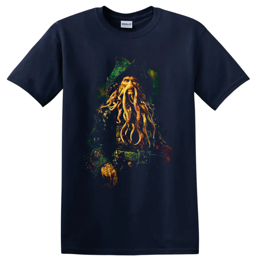 Davy Jones tentacled captain portrait in distressed nautical fantasy artwork on a Navy (Blue) T Shirt