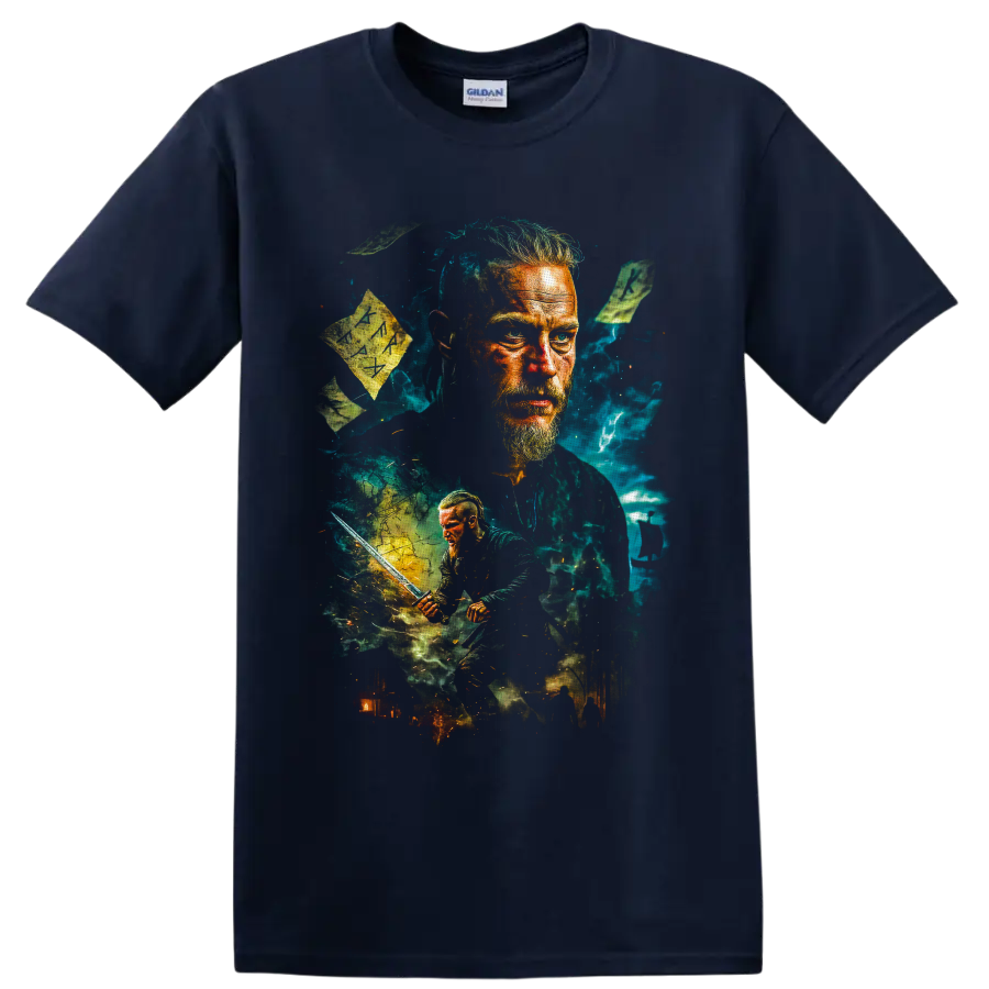 Ragnar Lothbrok Vikings warrior portrait with sword, rune stones, and teal storm art on a Navy (Blue) T Shirt