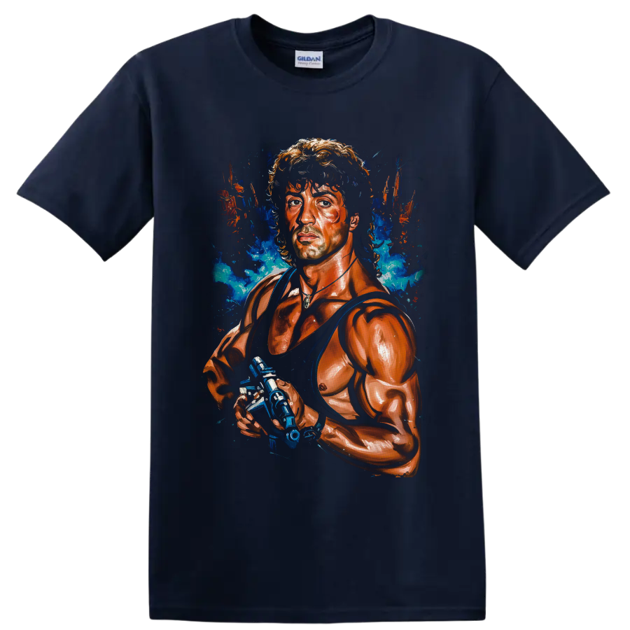 John Rambo tactical portrait with blue smoke and orange paint splatter artwork on a Navy (Blue) T Shirt