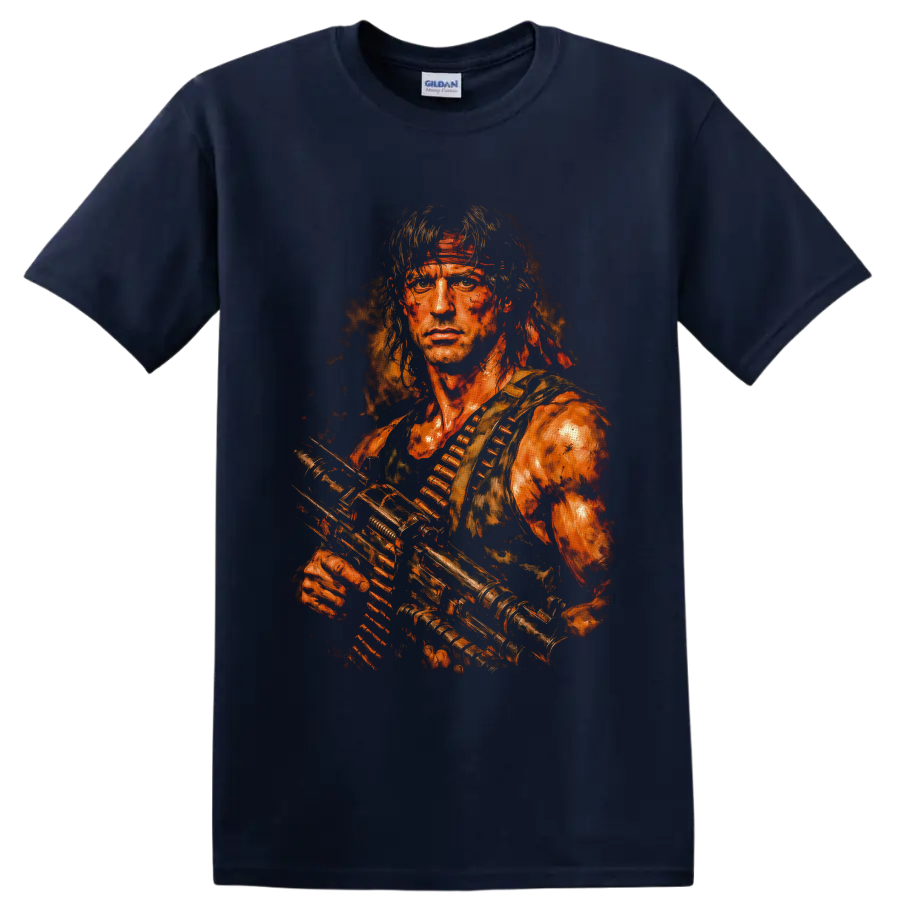 John Rambo First Blood distressed painterly portrait with rifle and ammunition belt on a Navy (Blue) T Shirt