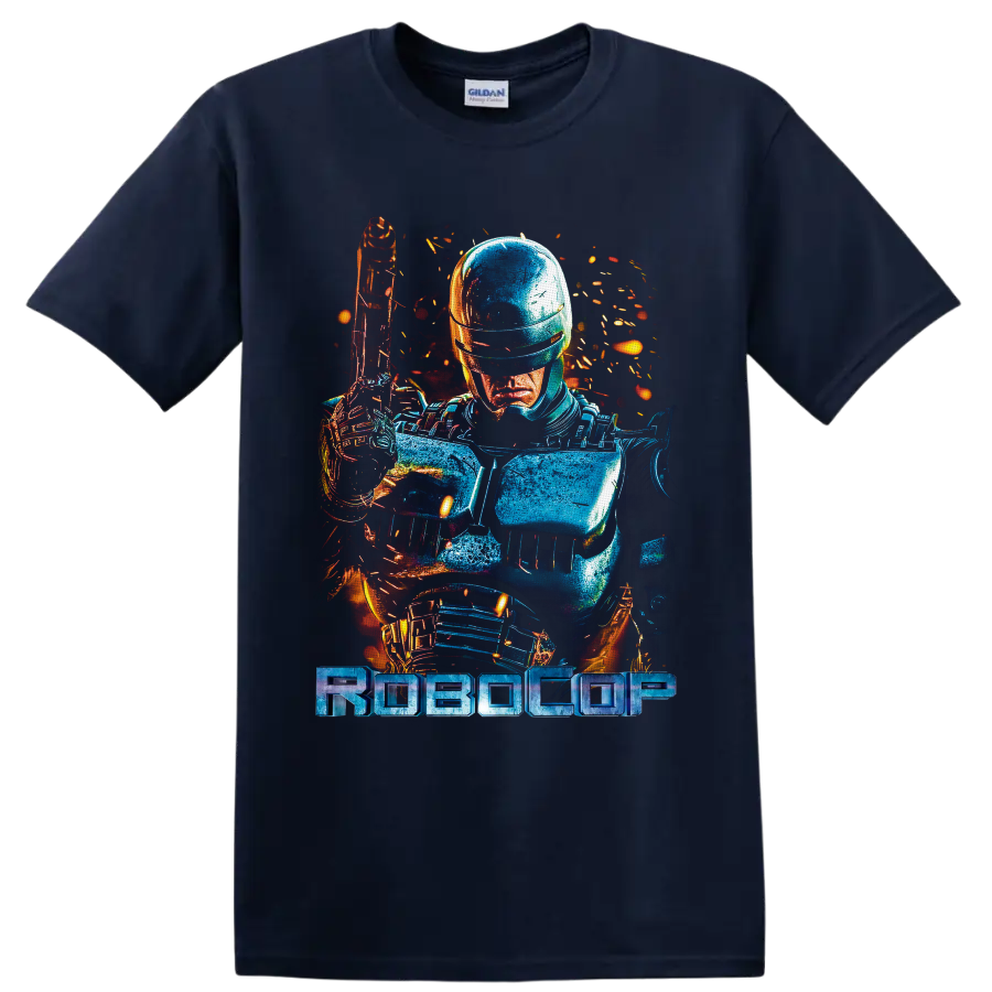 RoboCop cyborg police armor with raised sidearm, neon sparks, and RoboCop wordmark on a Navy (Blue) T Shirt